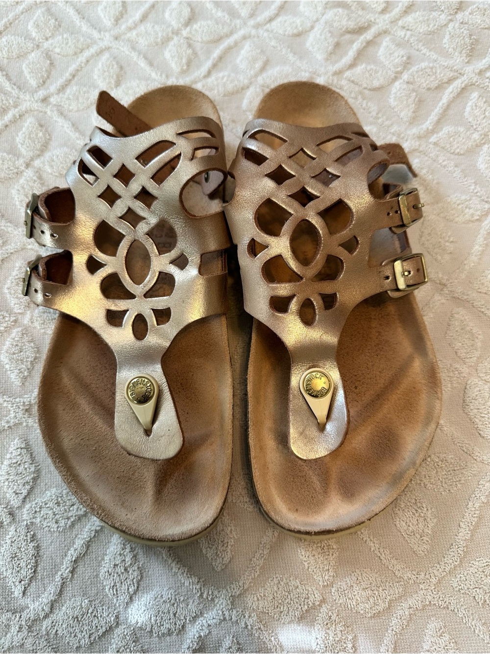 Women's Metallic Gold Birkenstock Rare Jakarta Cutout Thong Sandals